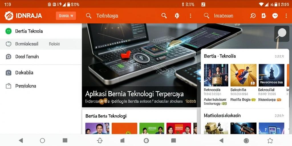 Screenshot aplikasi IDNRAJA menampilkan antarmuka berita teknologi.