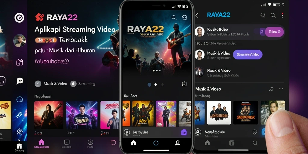 Antarmuka utama RAYA22 untuk streaming video musik dan hiburan.