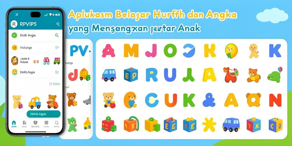 Antarmuka aplikasi RPVIP5 yang ramah anak untuk belajar huruf dan angka.