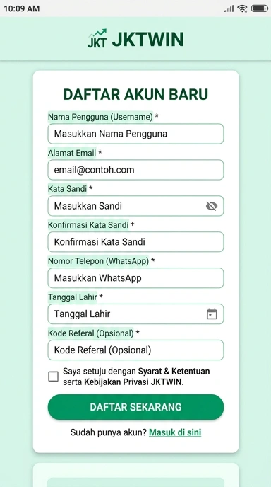 Tampilan halaman daftar jktwin